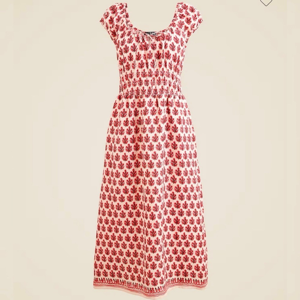 NWT J Crew Cap Sleeve Midi Dress In Block Print Linen Womens XL Smocked Floral
